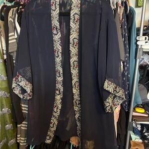 Vintage Val Mode Lingerie Black Sheer Robe with Paisley Trim